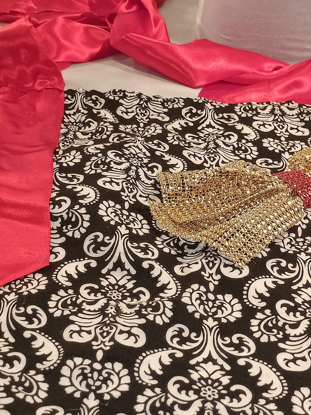 Gold Chainmail Accent on Black & White Damask Fabric with Red Satin Jumbo Bag